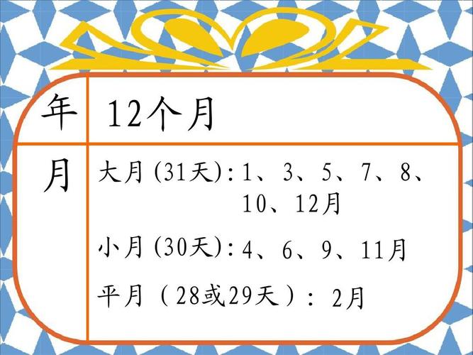 年 12个月 月 大月(31天):1,3,5,7,8, 10,12月 小月(30天):4,6,9,11月