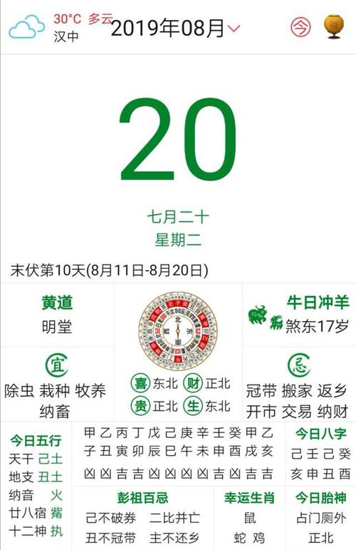 黄历,上图大家可以看出来,今年的8月20日,农历七月二十,就是咱们末伏