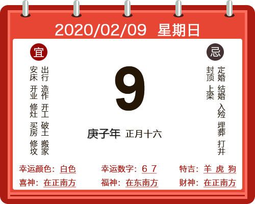周易预测 黄历查询2023年2月9日     星期日     农历庚子年正月十六