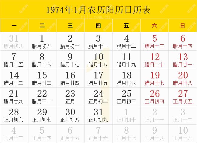 1974年农历阳历表1974年日历表1974年黄历