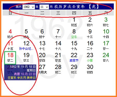 1962年阳历11月18日是农历几月几日