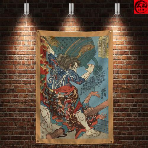 日式武士背景布传统墙面装饰背景布浮世绘武士纹身刺青店挂布卧室家居