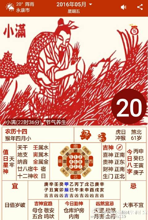 黄历#2023年5月20日,农历丙申年四月十四,宜:日值岁破,忌:大事不宜